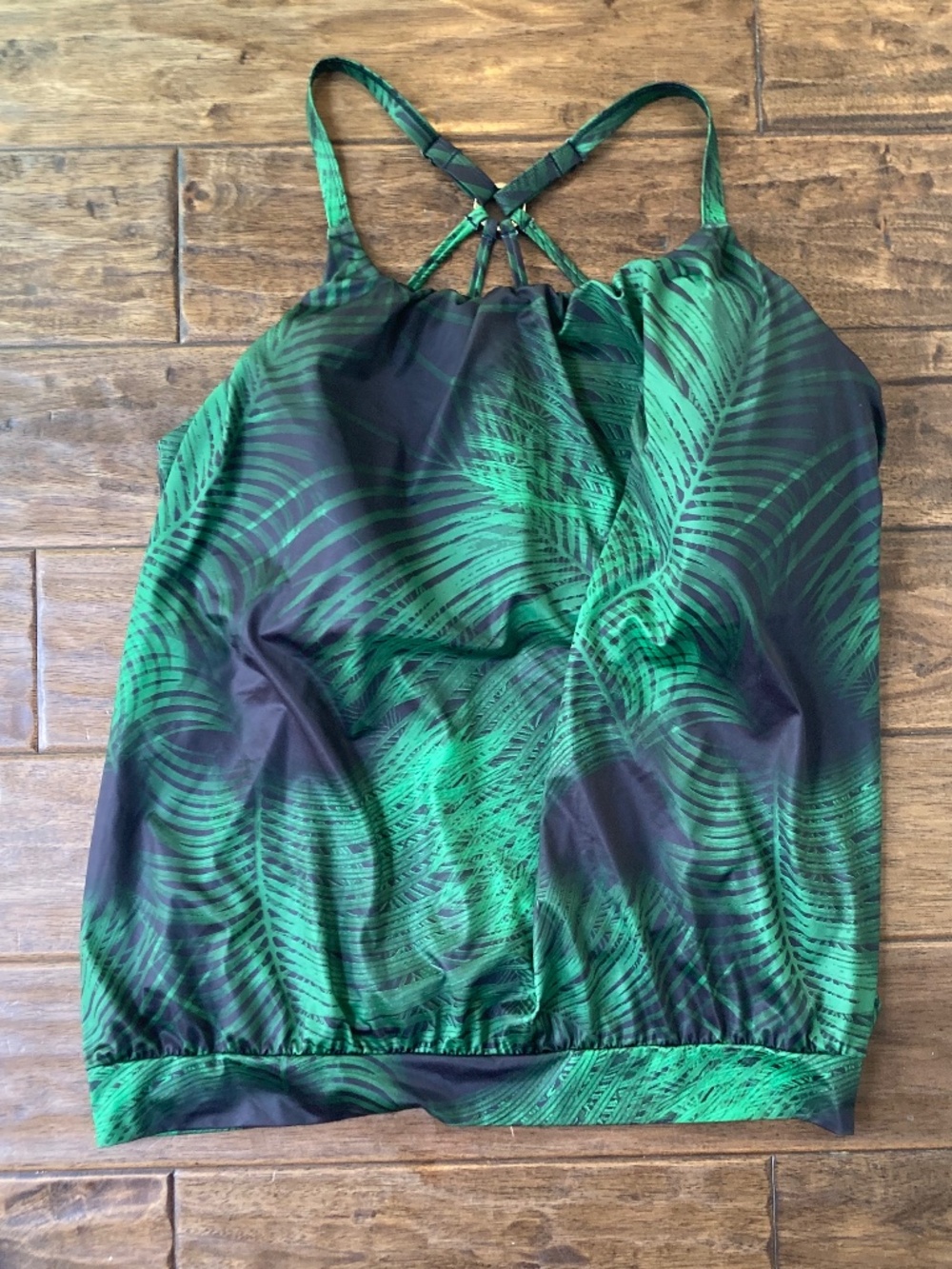 Cacique Swim Tankini Top Womens Sz 22 Black Green Palm Leaf No-Wire Blouson